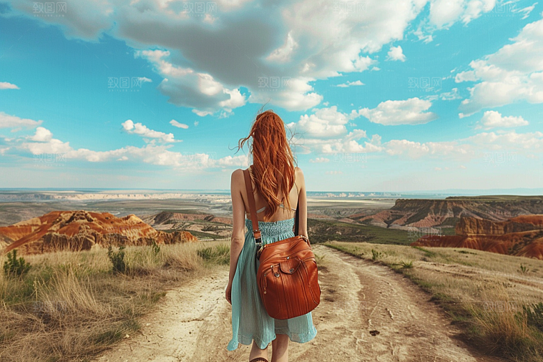 女生旅行背影探险风光摄影图