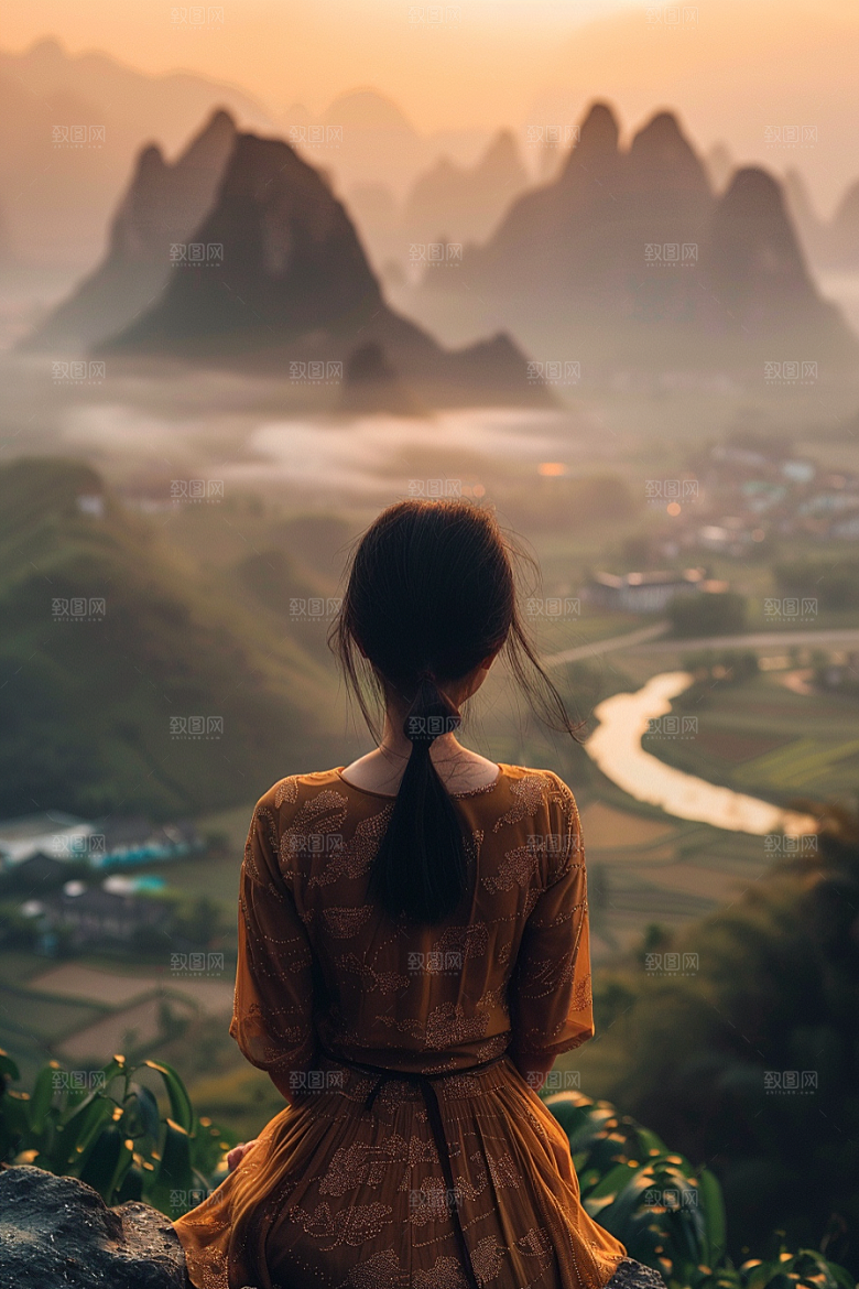 女生旅行背影辽阔自然摄影图