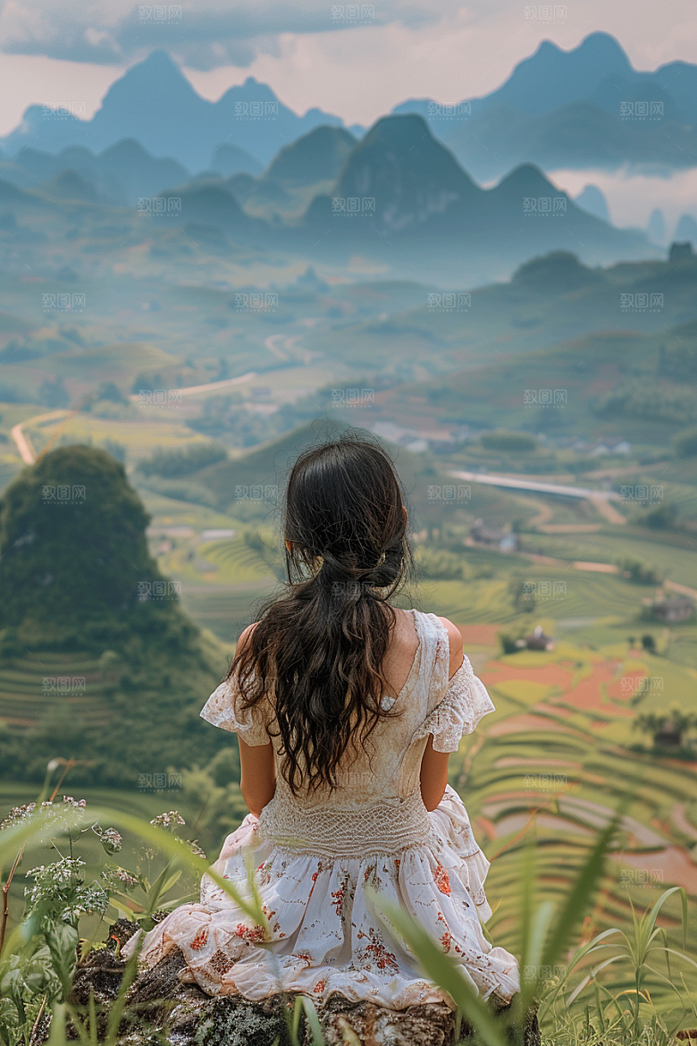 女生旅行背影风光自然摄影图
