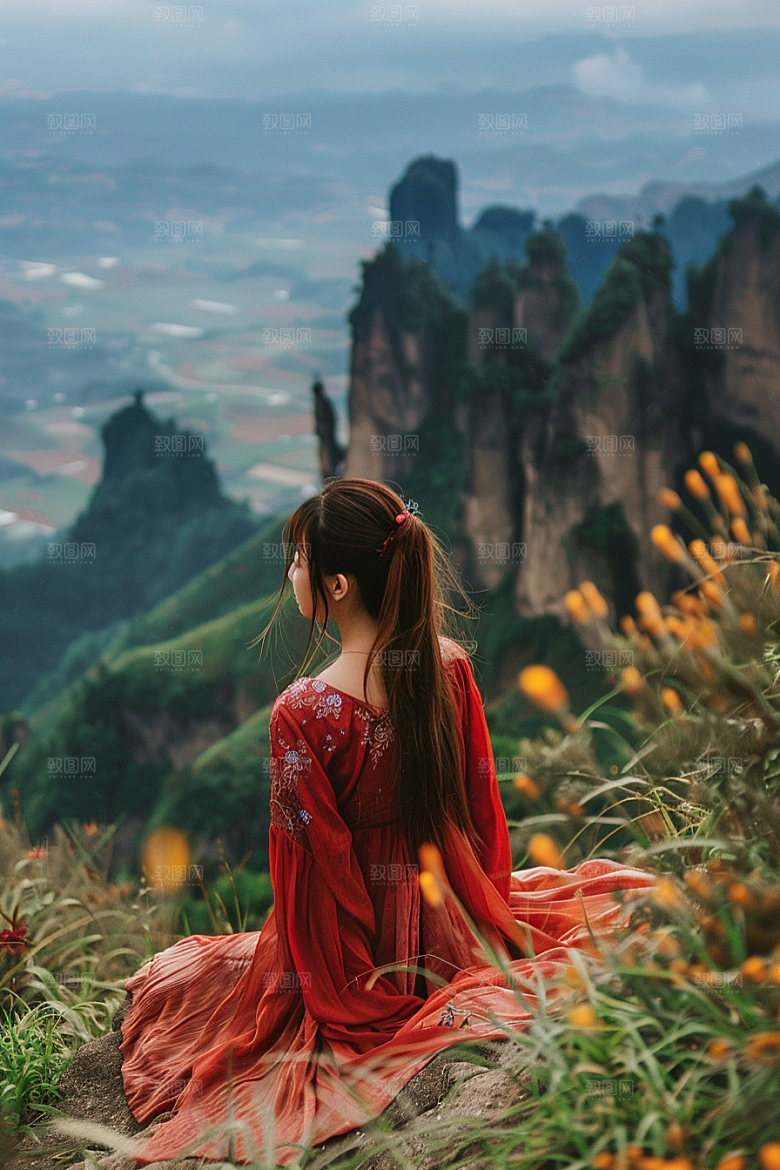 女生旅行背影探险户外摄影图