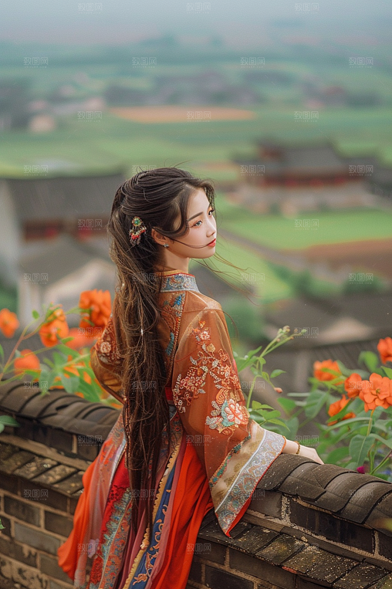 女生旅行背影辽阔风光摄影图