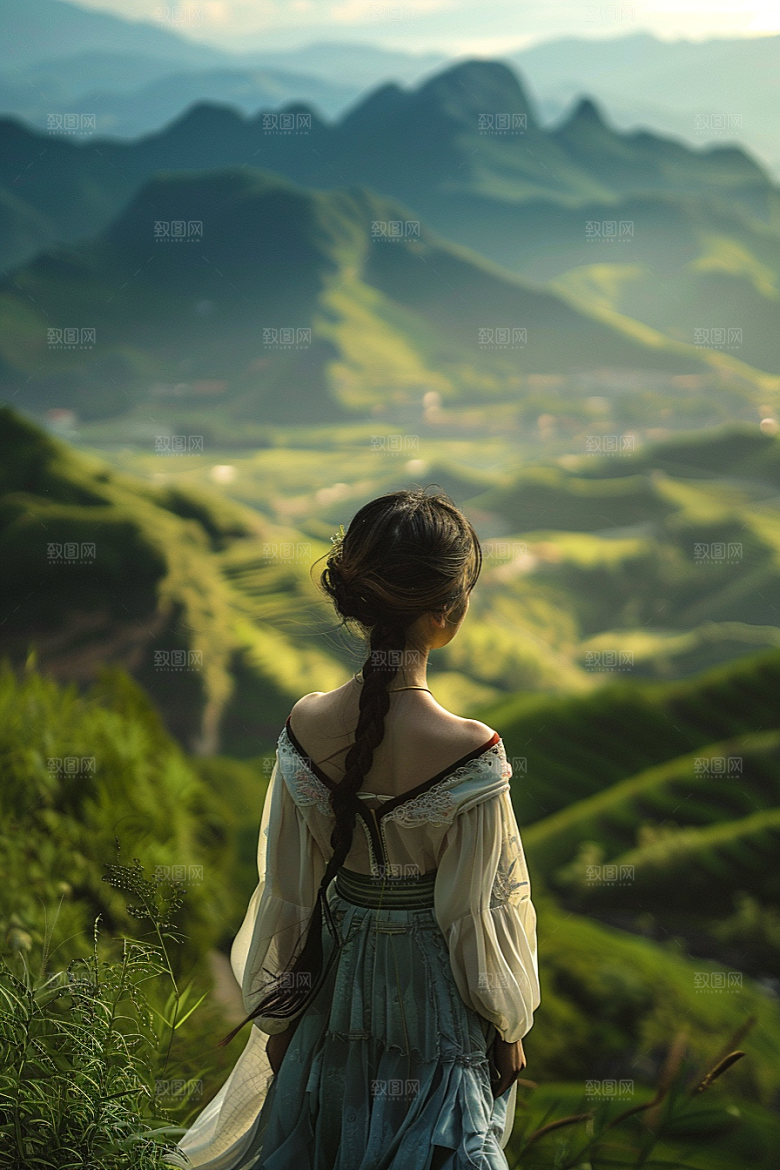 女生旅行背影高清自然摄影图