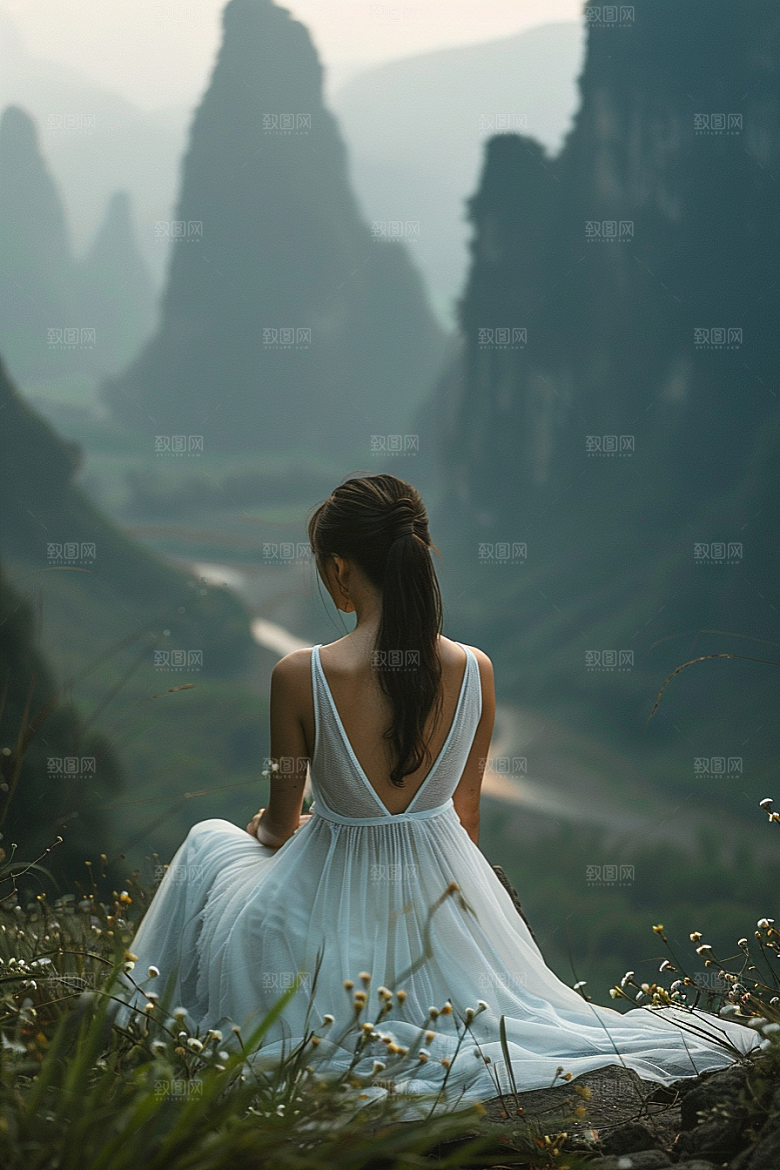 女生旅行背影人物辽阔摄影图