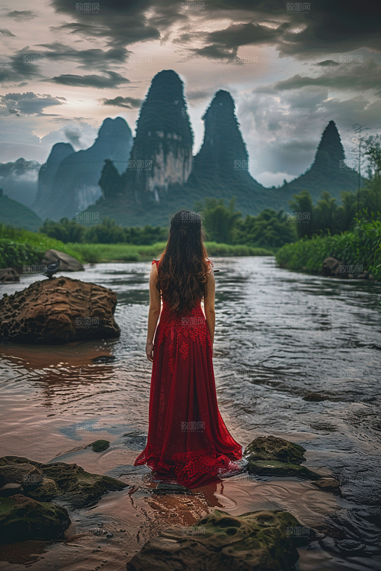 女生旅行背影旅游辽阔摄影图
