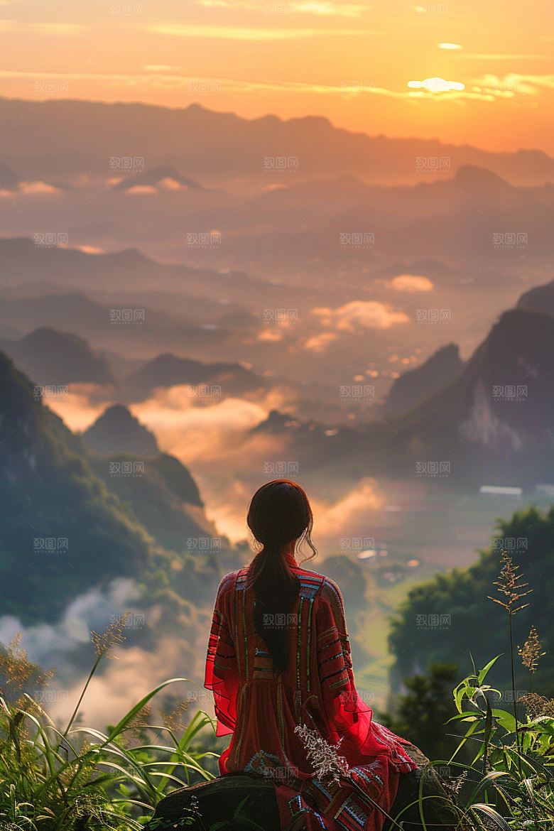 女生旅行背影唯美风光摄影图