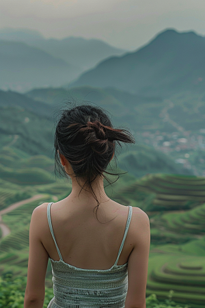 女生旅行背影探险户外摄影图