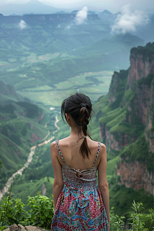 女生旅行背影人物辽阔摄影图