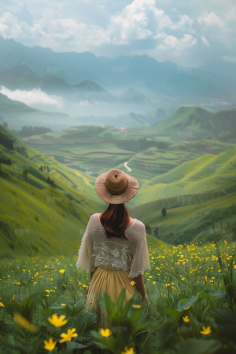 女生旅行背影唯美户外摄影图