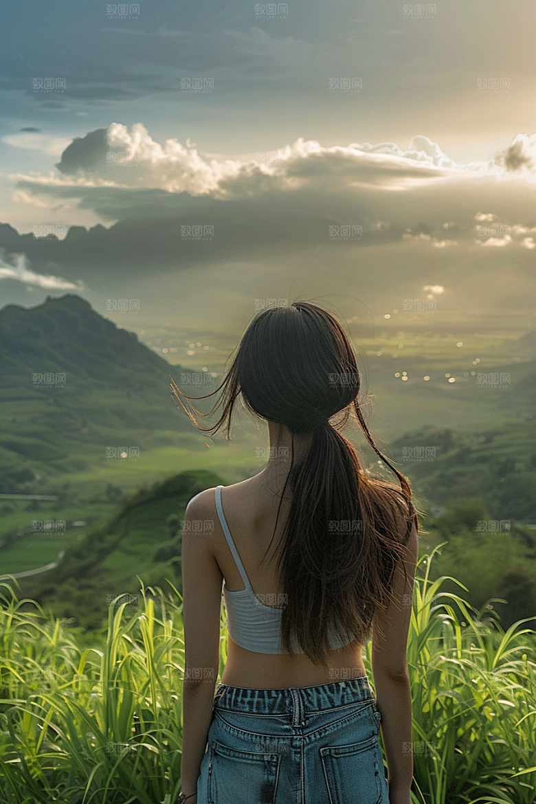 女生旅行背影自然辽阔摄影图