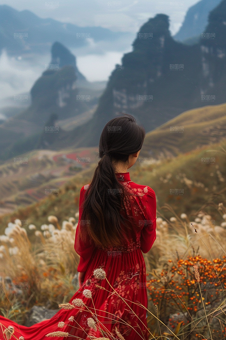 女生旅行背影唯美户外摄影图