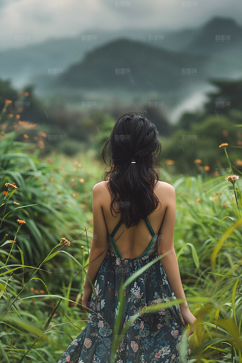 女生旅行背影自由行自然摄影图