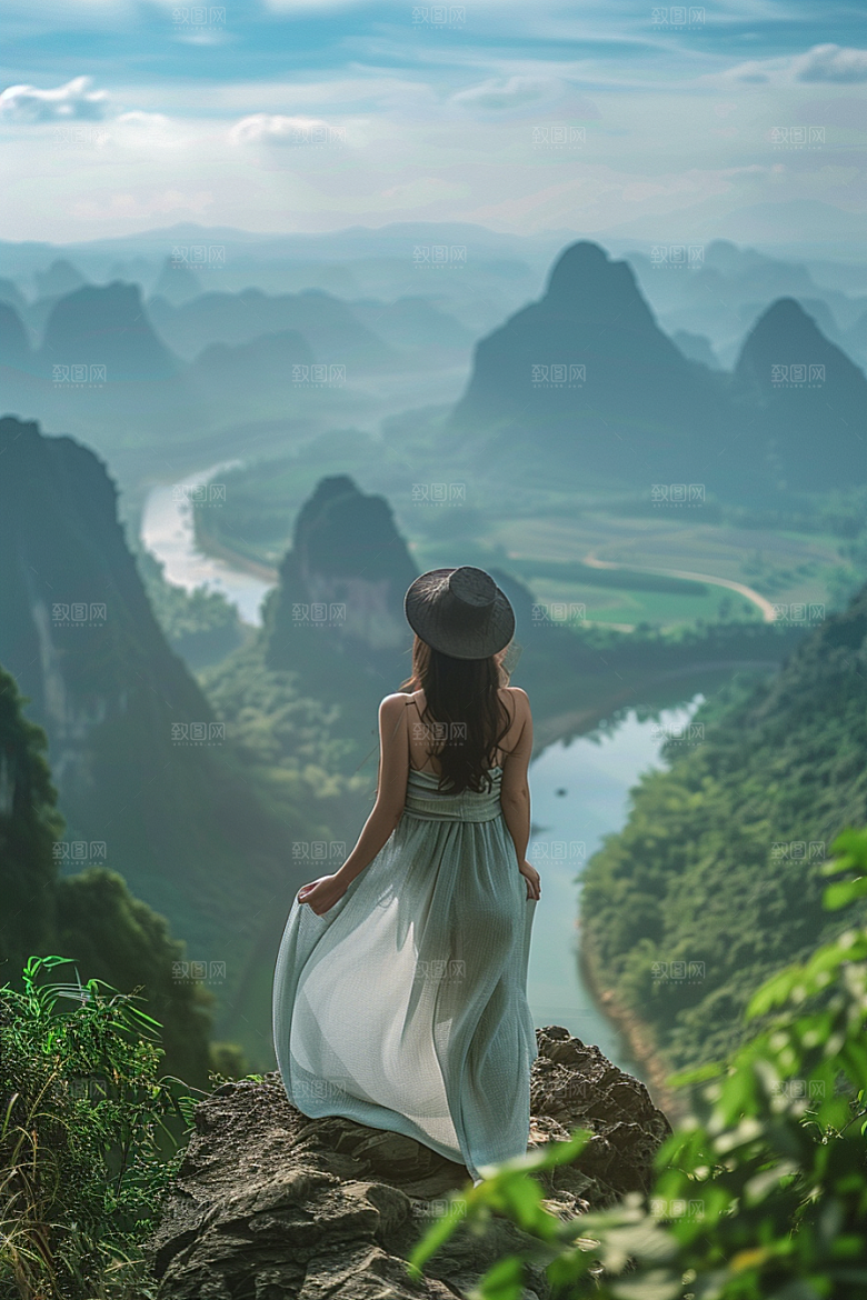 女生旅行背影徒步风光摄影图