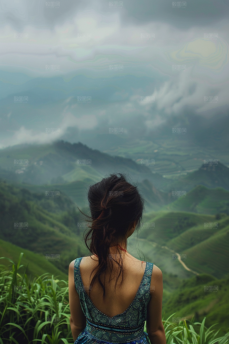 女生旅行背影探险风光摄影图