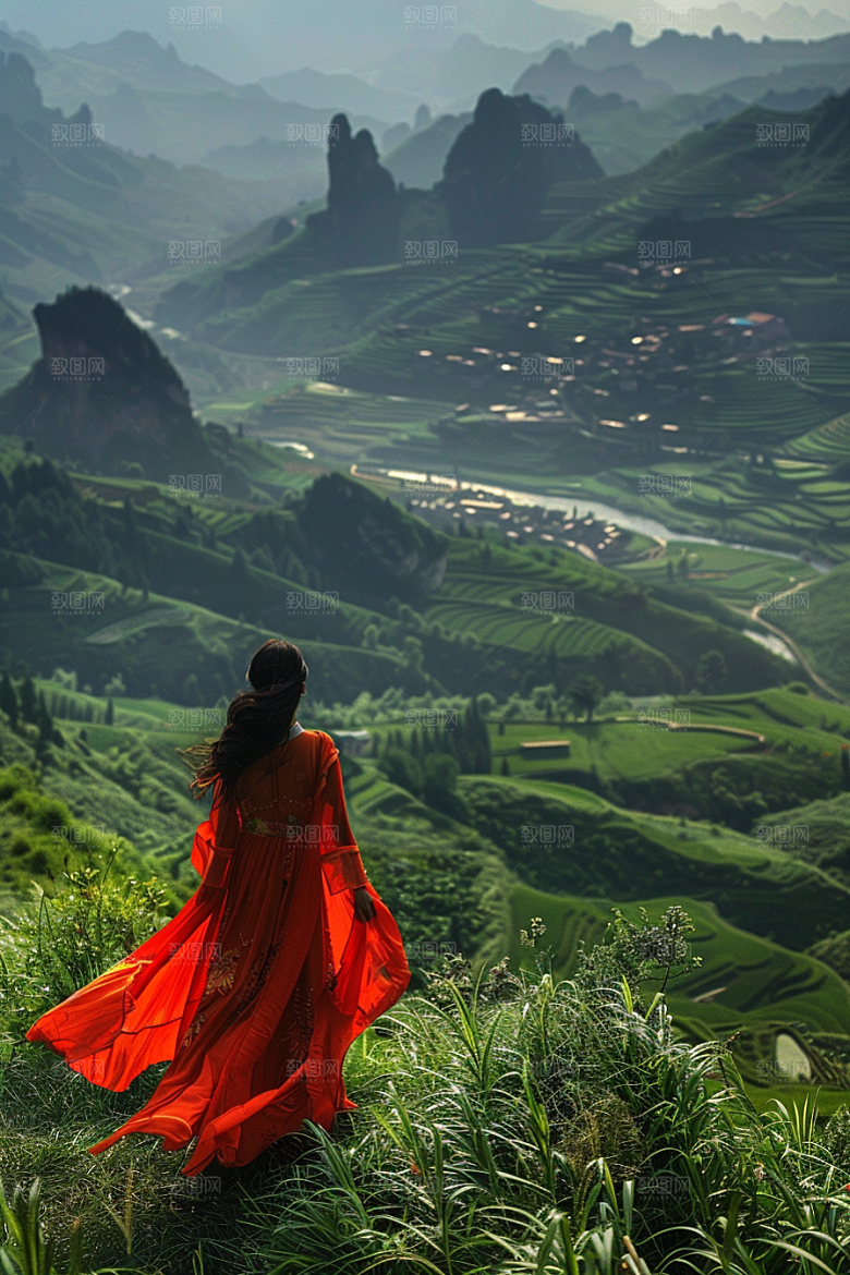 女生旅行背影风光自然摄影图