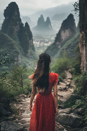 女生旅行背影徒步自然摄影图