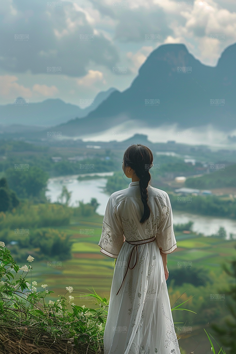 女生旅行背影高清户外摄影图