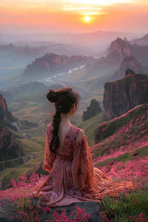 女生旅行背影户外探险摄影图