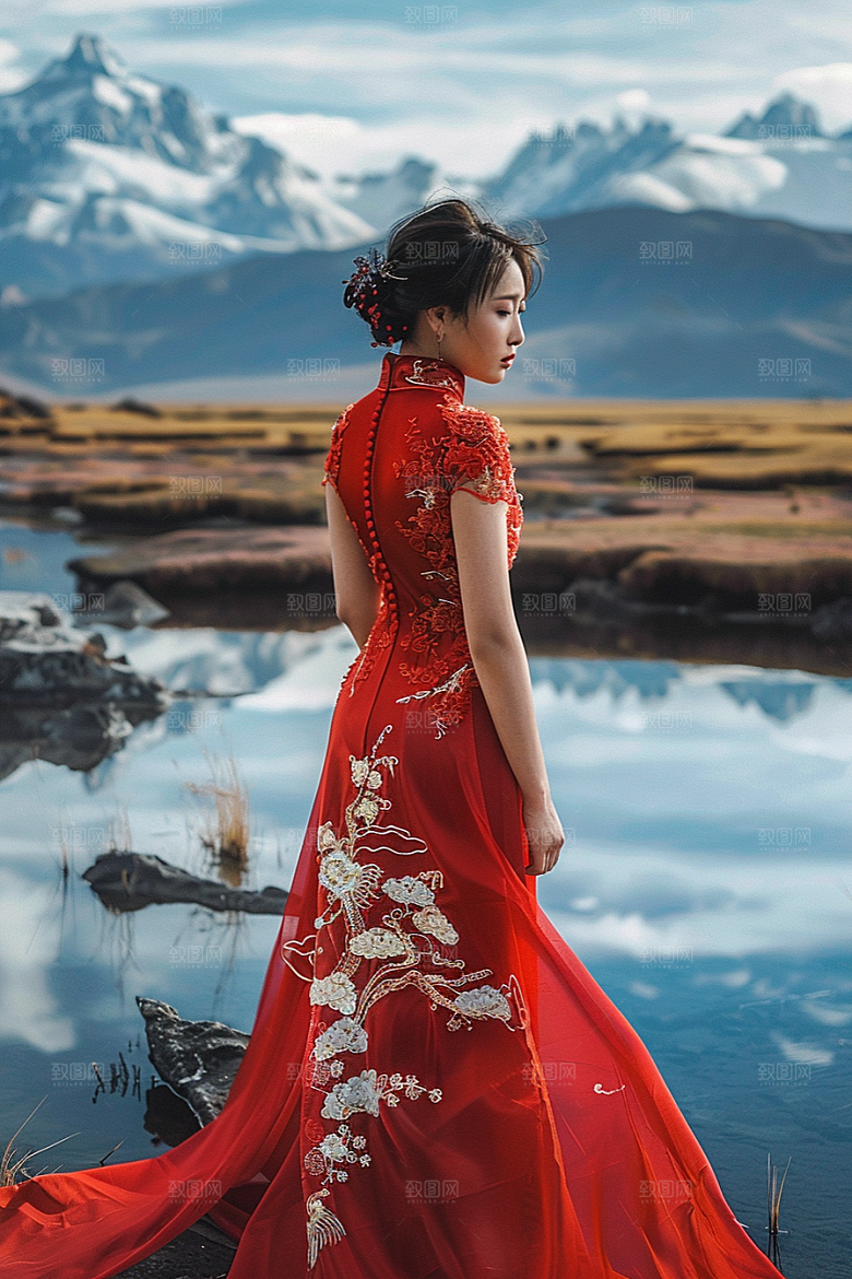 女生旅行背影人物徒步摄影图