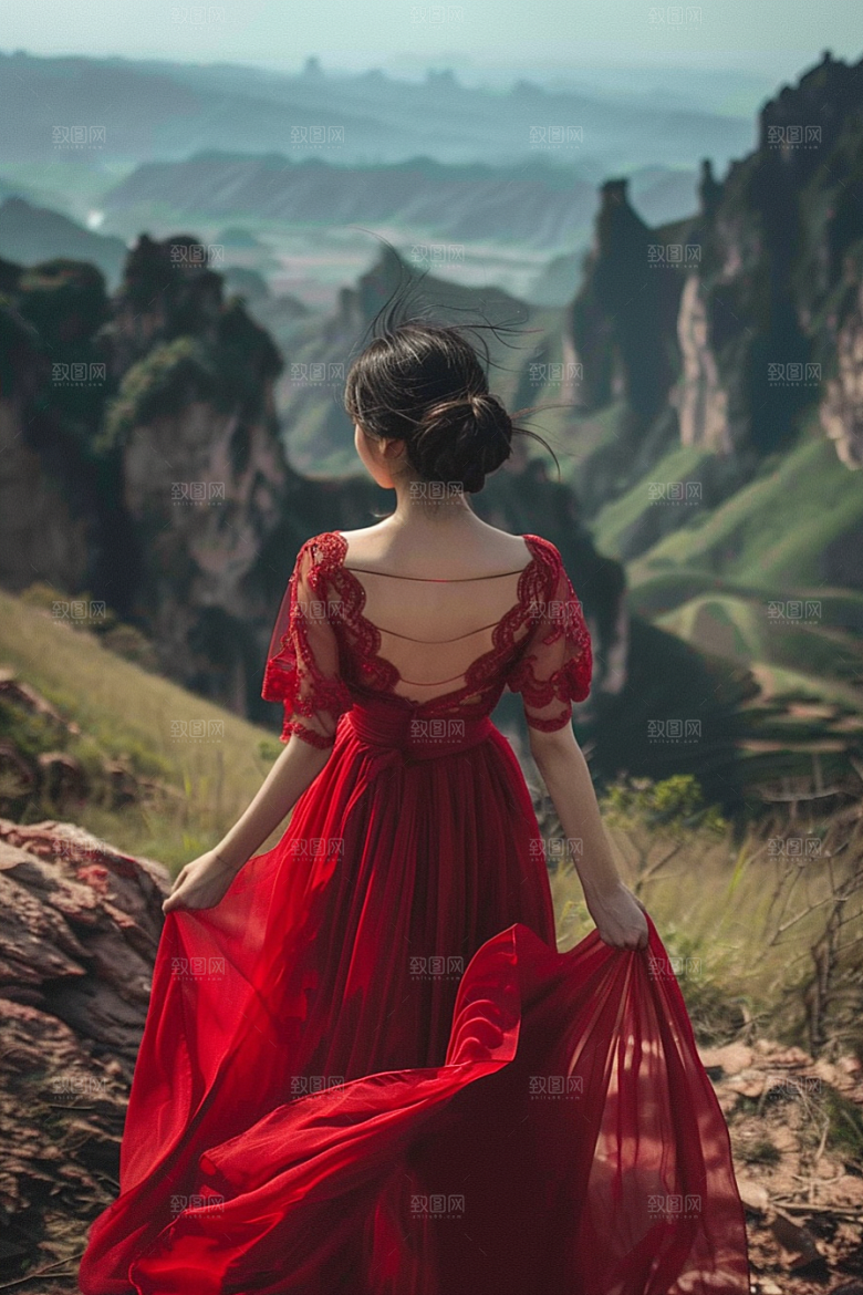 女生旅行背影探险自然摄影图