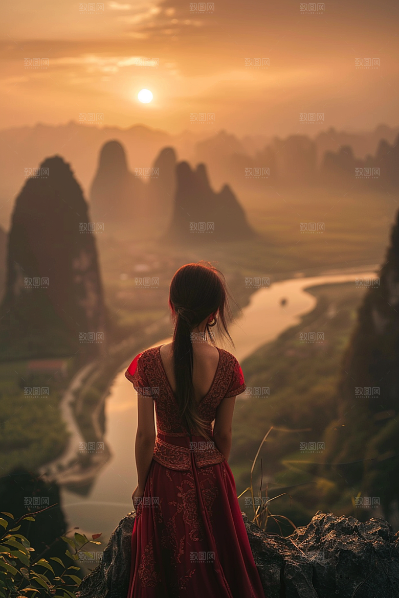 女生旅行背影旅游辽阔摄影图