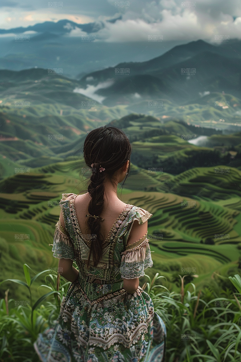 女生旅行背影辽阔自然摄影图
