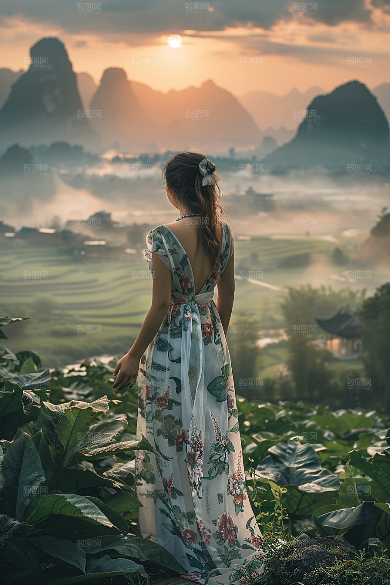 女生旅行背影高清自由行摄影图