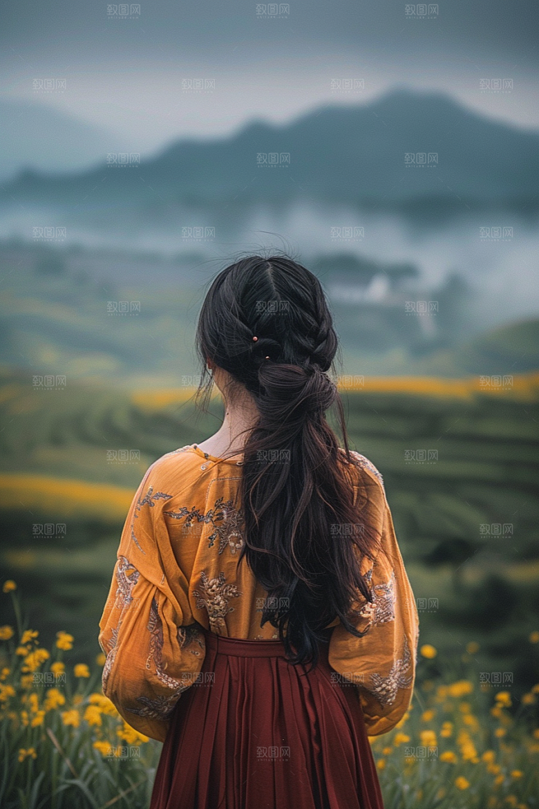 女生旅行背影风光自然摄影图