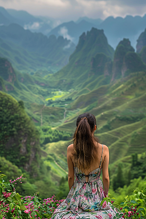 女生旅行背影自由行辽阔摄影图