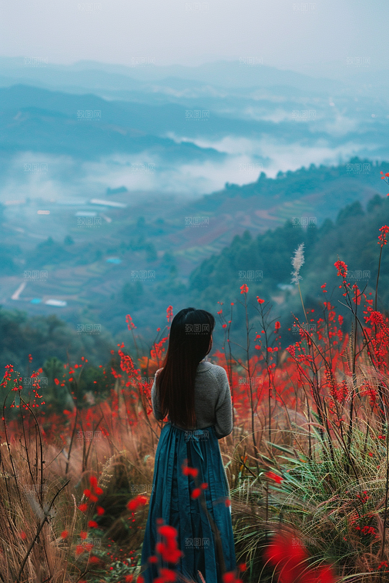 女生旅行背影户外探险摄影图