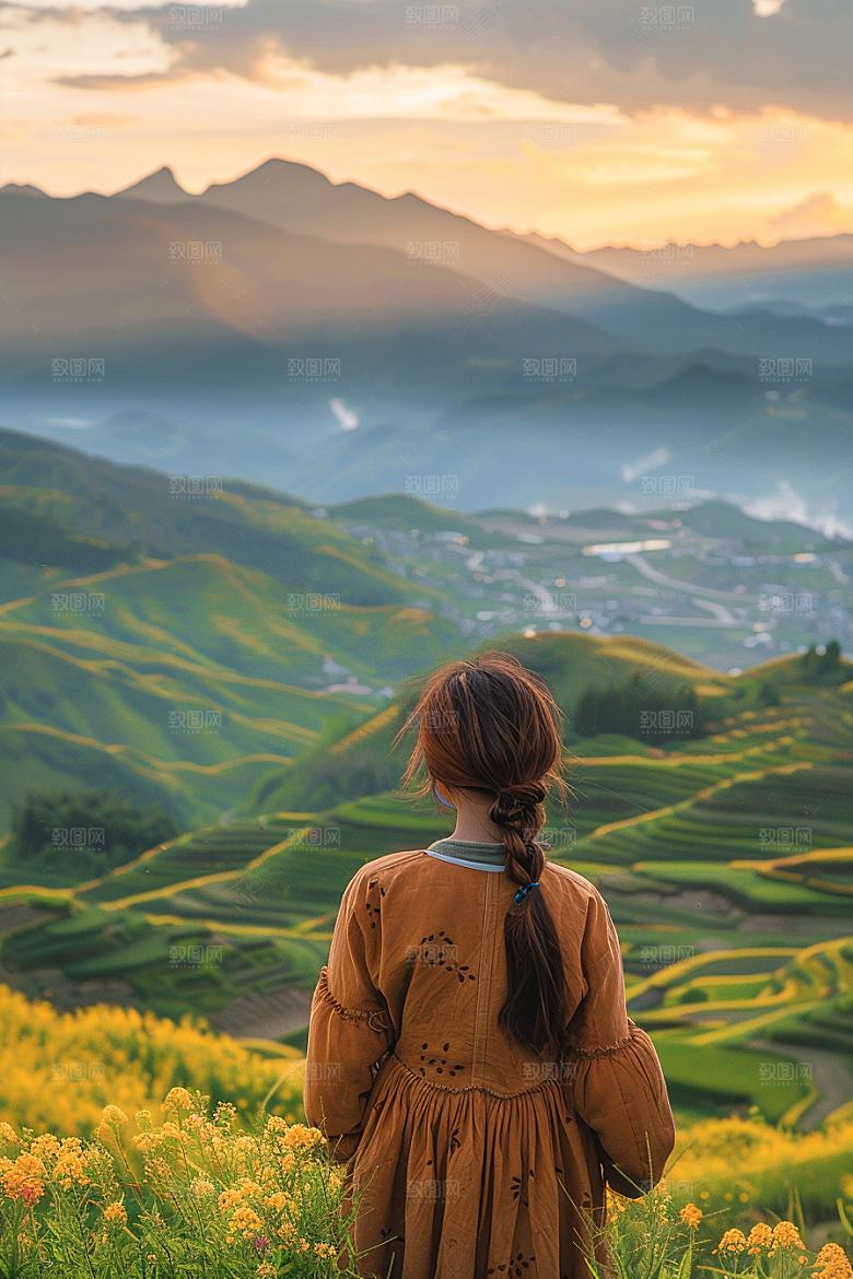女生旅行背影风光徒步摄影图