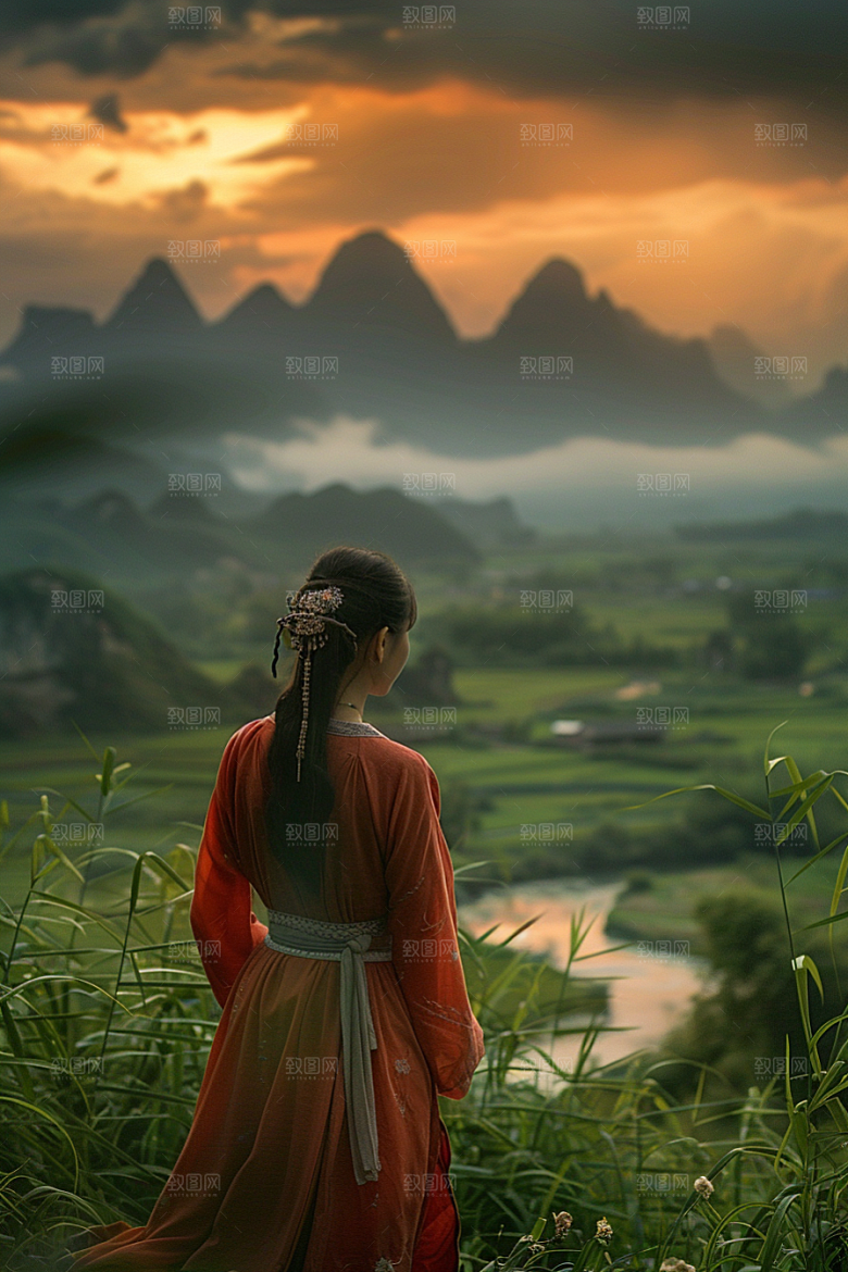 女生旅行背影徒步探险摄影图