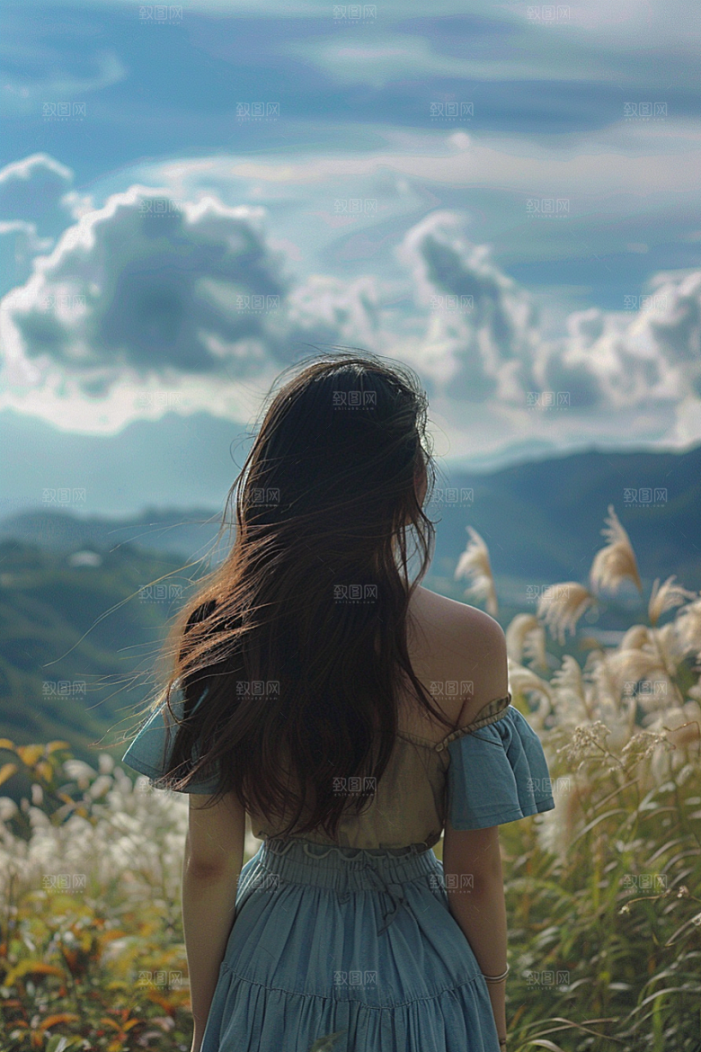 女生旅行背影自然辽阔摄影图