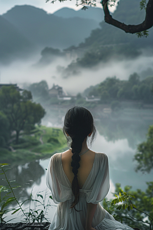 女生旅行背影自由行徒步摄影图