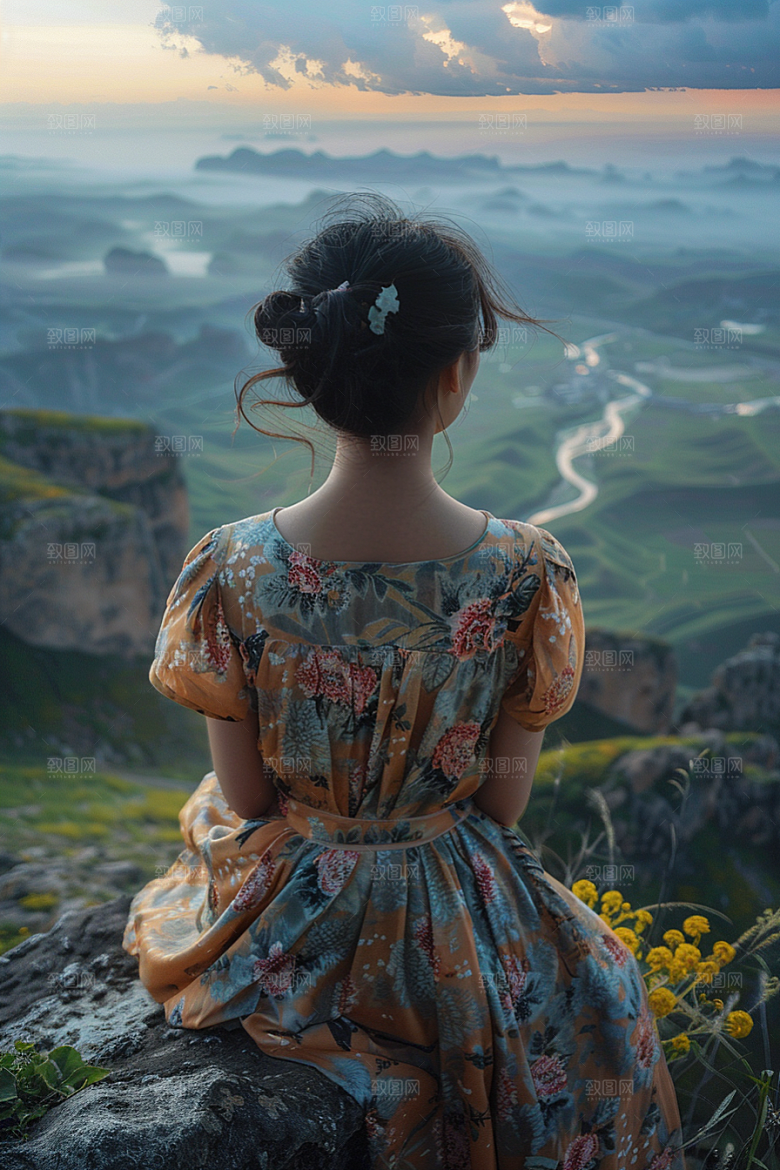 女生旅行背影自然唯美摄影图