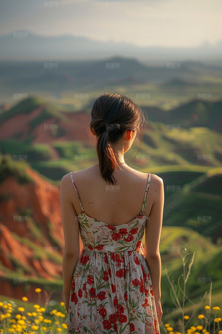 女生旅行背影自然风光摄影图