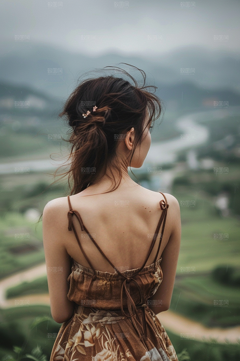 女生旅行背影旅游辽阔摄影图