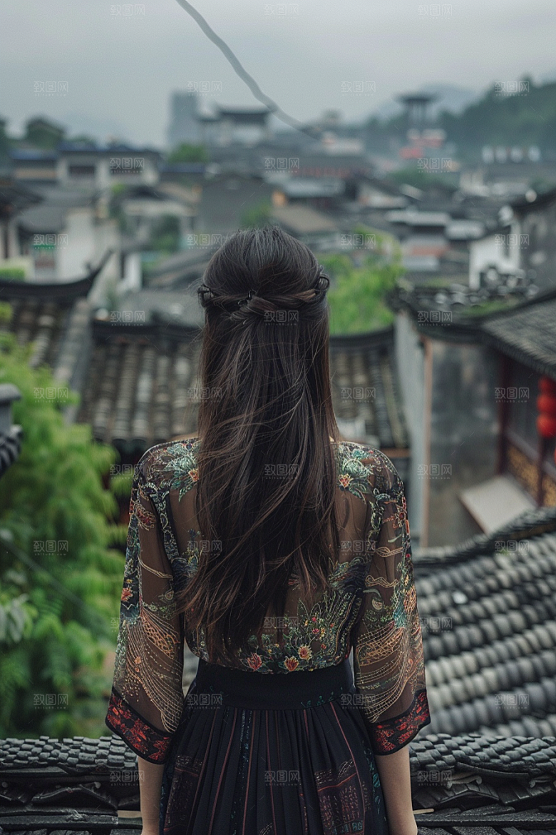 女生旅行背影唯美风光摄影图