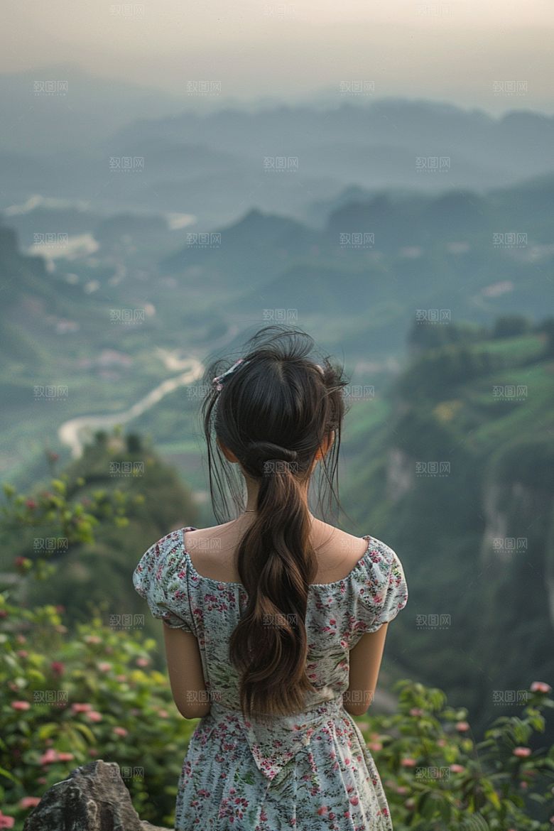 女生旅行背影辽阔自然摄影图