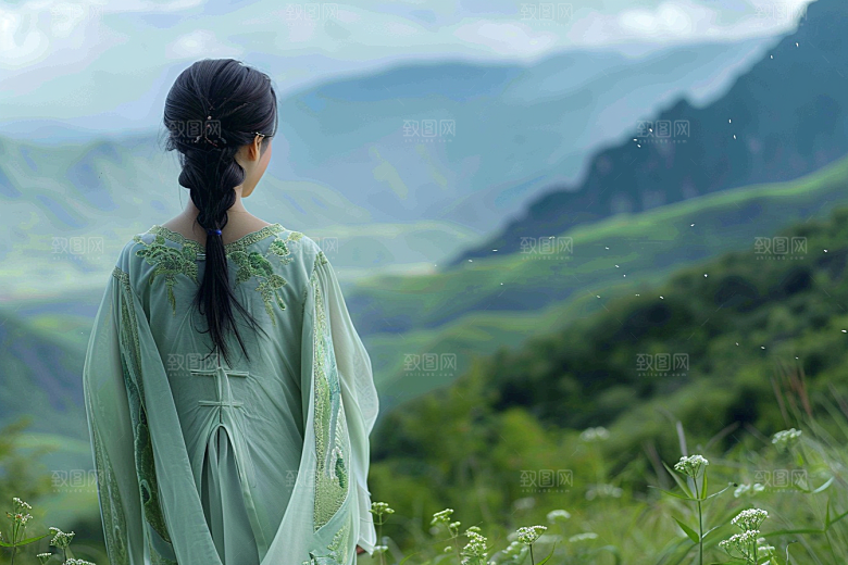 女生旅行背影风光辽阔摄影图