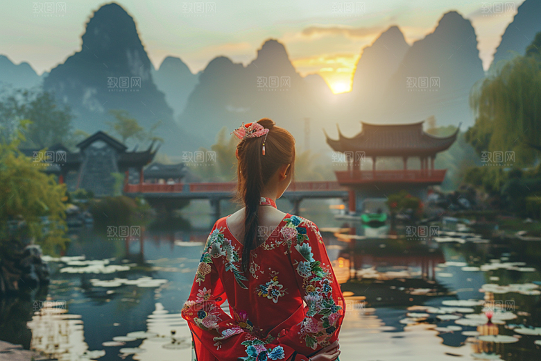 女生旅行背影旅游徒步摄影图