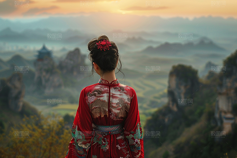 女生旅行背影风光辽阔摄影图