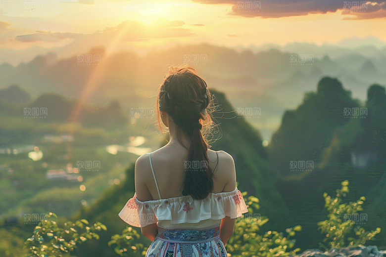 女生旅行背影旅游辽阔摄影图