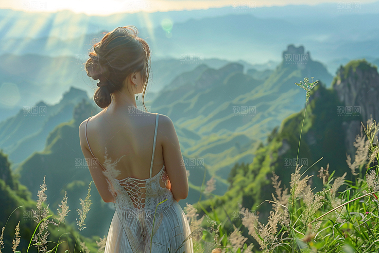 女生旅行背影风光徒步摄影图