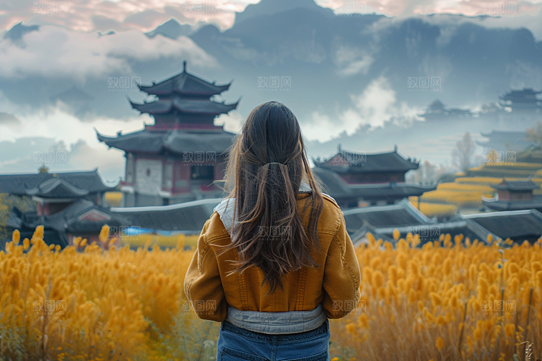 女生旅行背影高清唯美摄影图