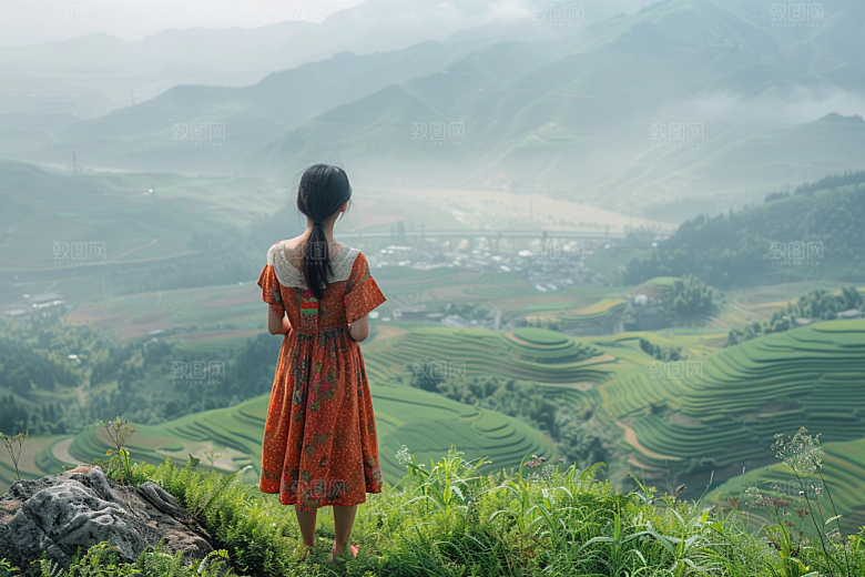 女生旅行背影探险徒步摄影图