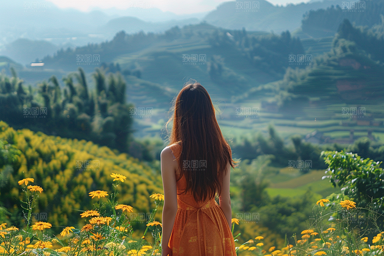 女生旅行背影旅游辽阔摄影图