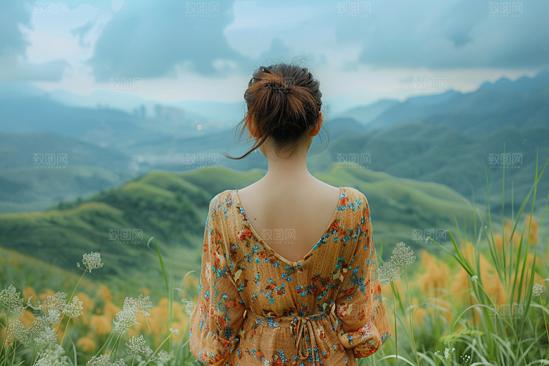女生旅行背影风光自然摄影图