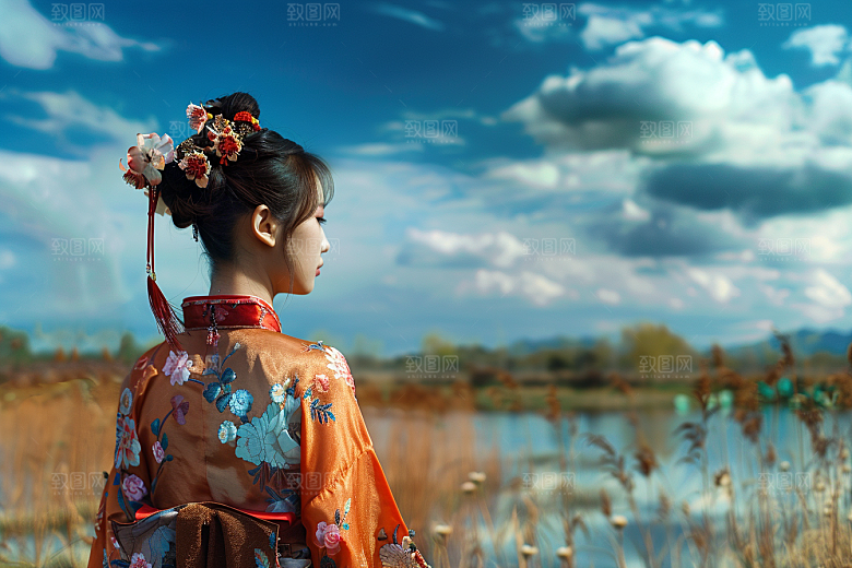 女生旅行背影自然徒步摄影图