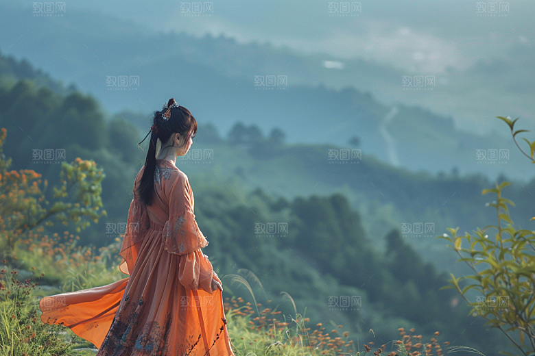 女生旅行背影风光自然摄影图