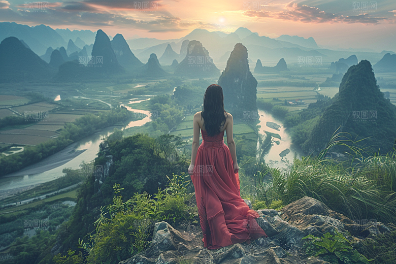 女生旅行背影辽阔自然摄影图
